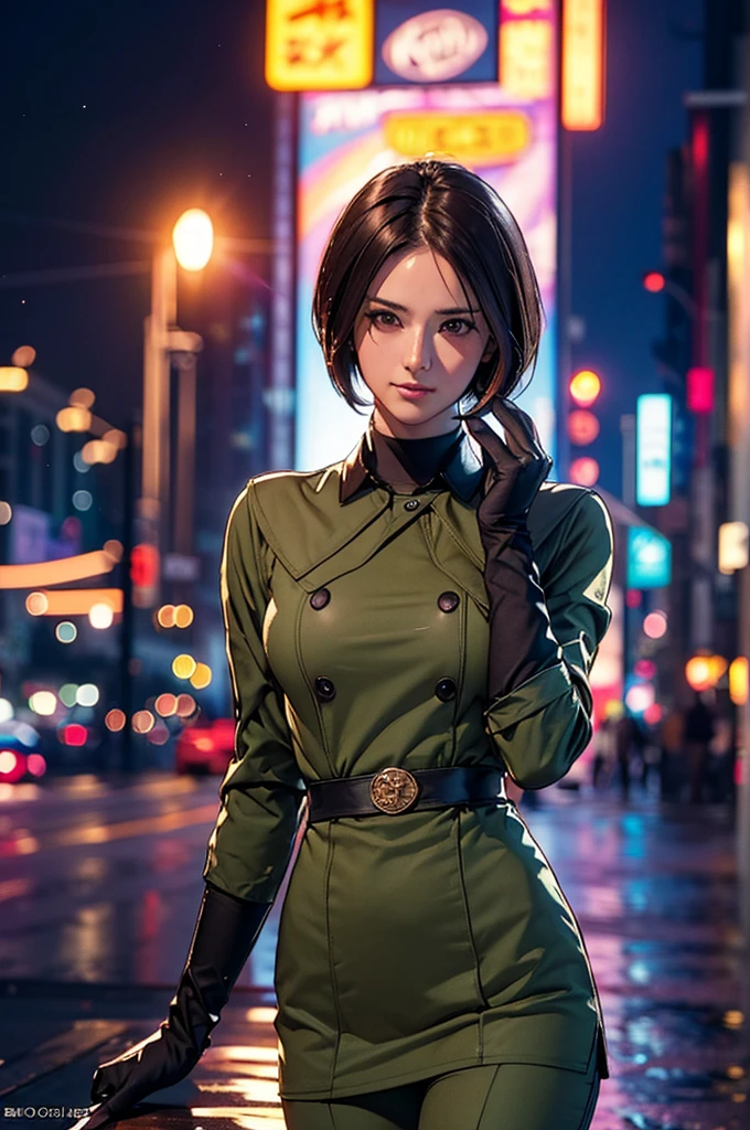 (at night), in a video game scene in the background, a beautiful city at night, raining, alone, standing looking straight ahead, military clothing with military green skirt and pants, black gloves, semi-short hair, ((semi-short hair)), 1 girl, 30 years old, young woman, perfect hands, Beautiful fingers, Beautiful long legs, Beautiful body, Beautiful nose, Beautiful character design, perfect face, looking straight at the viewer with a serious gesture, very upset looking at the viewer, she has a black whip in her hand (focusing on her face), closed mouth, smile_light, official art, extremely detailed CG unity 8k wallpaper, perfect lighting, bright and colorful front lighting, skin glossy (masterpiece: 1.0), (best_quality: 1.0), ultra high resolution, 4k, ultra detailed photography, 8K, hdr, high resolution, nonsense:1.2, Kodak portrait 400, film grain, blurred background, bokeh:1.2 , Lens flare, (vibrant_color:1.2), professional photography, (Beautiful, breasts: 1.4), (Beautiful_face: 1.5), (narrow waist),
