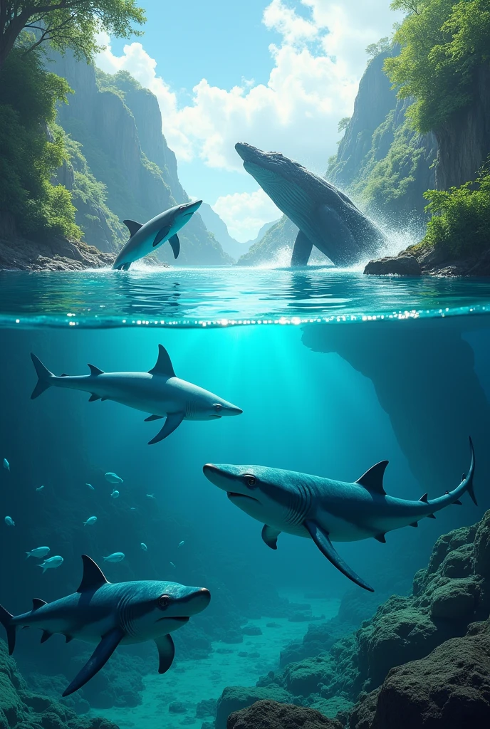 make a small lagoon with a shark a whale, and a dolphin.