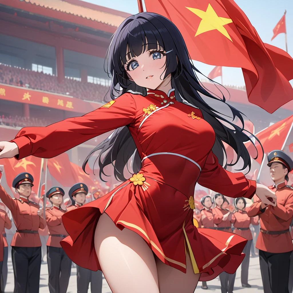 ((Highest quality)), ((masterpiece)), (detailed), (Perfect Face)、The woman is Aoki Reika, has medium-long hair and is a member of the Chinese Communist Party.、A woman wears a Communist Party of China dance costume and performs at a Communist Party rally.
