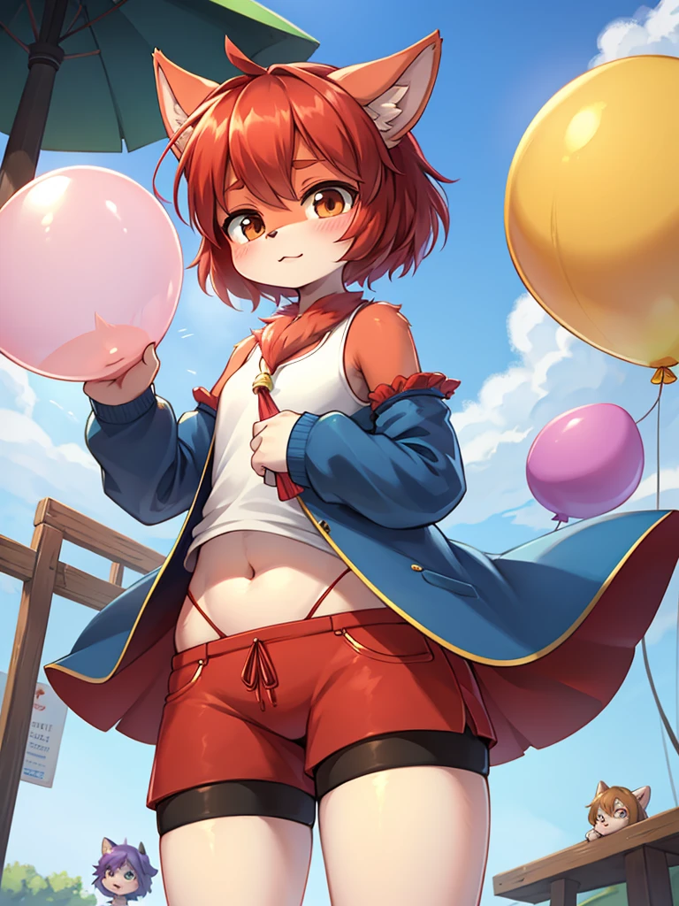 1girl, lammy, furry, red hair, short hair, horns, red shirt, dark purple eyes, tanned, string panties, happy, midriff, running scared late.at night monster, cameltoe, erect nipples through t-shirt,