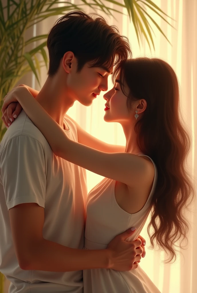 A beautiful brunette girl with his handsome boyfriend Korean hugging each other lovely