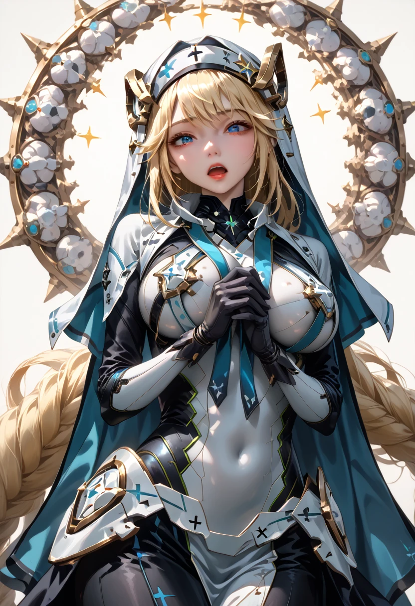 rapunzel (nikke), blonde hair, highres, 1girl, nun, blue eyes, habit, very long hair, large breasts, looking at viewer, absurdres, open mouth, black gloves, standing, white background, armored bodysuit, simple background,score_9, score_8_up,score_7_up, masterpiece, best quality, perfect anatomy, very aesthetic, 8k