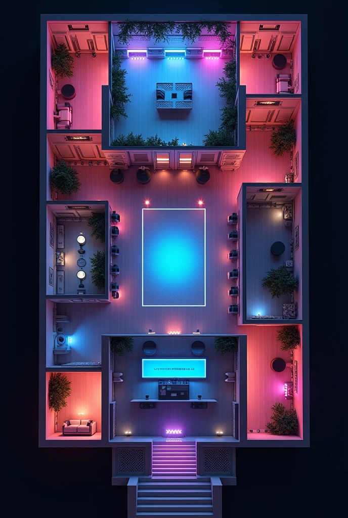 “Plan détaillé d’une boîte de nuit moderne, vue de dessus, 13 mètres sur 23 mètres, incluant 5 loges avec des salons VIP, Canapés spacieuses, un bar au fond design avec comptoir en bois et métal, un système d’éclairage sophistiqué avec des jeux de lumiere projetant des faisceaux lumineux sur la piste de danse, des spots LED RGB encastrés pour éclairer l’ensemble de l’espace, des zones de sièges confortables, une scène pour les performances, et tous les autres éléments architecturaux et d’aménagement intérieur. dimensionnement ,haute résolution.” Mezzanine avec balcon surplombant la piste de danse Vide central au milieu de la salle, créant un effet scénique et de hauteur 4 loges VIP avec canapés confortables Bar moderne et épuré au fond de la salle Système d’éclairage sophistiqué avec : Faisceaux lumineux (beam) RGB Projecteurs RGBW pour un éclairage dynamique et multicolore Ambiance générale épurée, minimaliste et moderne, mettant l’accent sur l’architecture et la lumière Le plan devra mettre en valeur l’espace ouvert au centre, la mezzanine surplombante, les loges VIP et le bar design. L’utilisation de la lumière, avec les effets beam et les projecteurs RGBW, sera un élément clé pour créer une atmosphère festive et immersive.