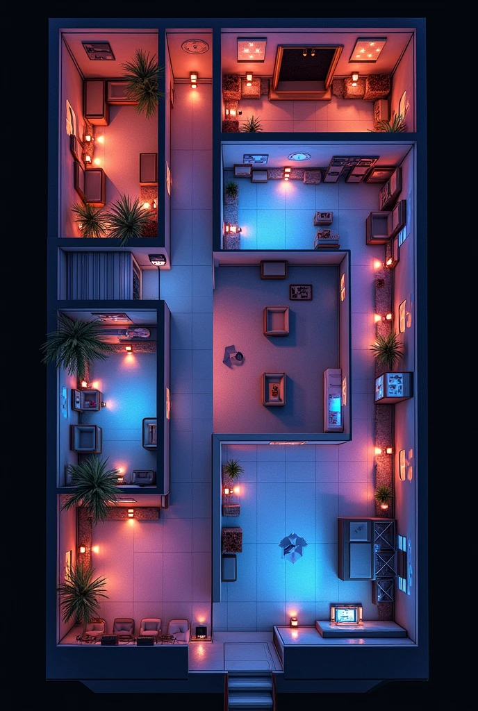 “Plan détaillé d’une boîte de nuit moderne, vue de dessus, 13 mètres sur 23 mètres, incluant 5 loges avec des salons VIP, Canapés spacieuses, un bar au fond design avec comptoir en bois et métal, un système d’éclairage sophistiqué avec des jeux de lumiere projetant des faisceaux lumineux sur la piste de danse, des spots LED RGB encastrés pour éclairer l’ensemble de l’espace, des zones de sièges confortables, une scène pour les performances, et tous les autres éléments architecturaux et d’aménagement intérieur. dimensionnement ,haute résolution.” Mezzanine avec balcon surplombant la piste de danse Vide central au milieu de la salle, créant un effet scénique et de hauteur 4 loges VIP avec canapés confortables Bar moderne et épuré au fond de la salle Système d’éclairage sophistiqué avec : Faisceaux lumineux (beam) RGB Projecteurs RGBW pour un éclairage dynamique et multicolore Ambiance générale épurée, minimaliste et moderne, mettant l’accent sur l’architecture et la lumière Le plan devra mettre en valeur l’espace ouvert au centre, la mezzanine surplombante, les loges VIP et le bar design. L’utilisation de la lumière, avec les effets beam et les projecteurs RGBW, sera un élément clé pour créer une atmosphère festive et immersive.