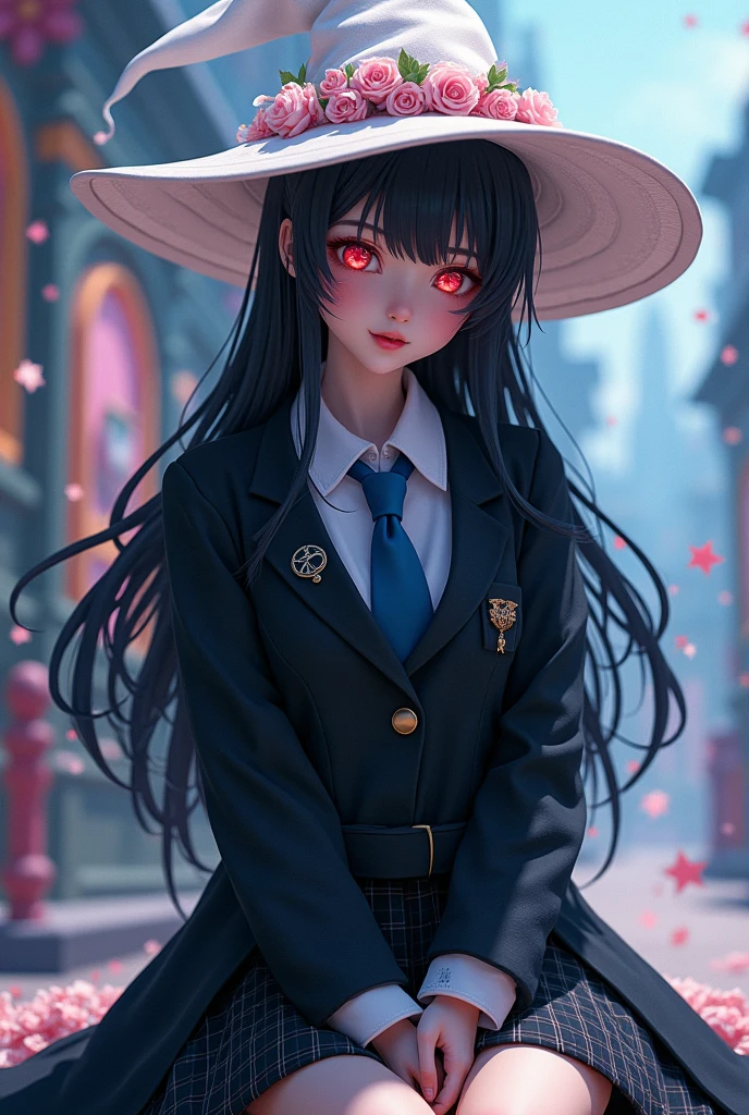 (Masterpiece),(4K),High quality,(small breasts),1 girl,long black hair,Pale skin,smile,Beautifully detailed red eyes, (Very delicate and detailed.),(White floral witch hat),black blazer,Blue tie,Black plaid skirt,Magical colors and atmosphere, Fine skin,light particles,Add striking and iconic elements to your scenes., Soft and smooth to the touch, hyper detail,sit,Create a pure, dream-like atmosphere,Standing in a colorful city