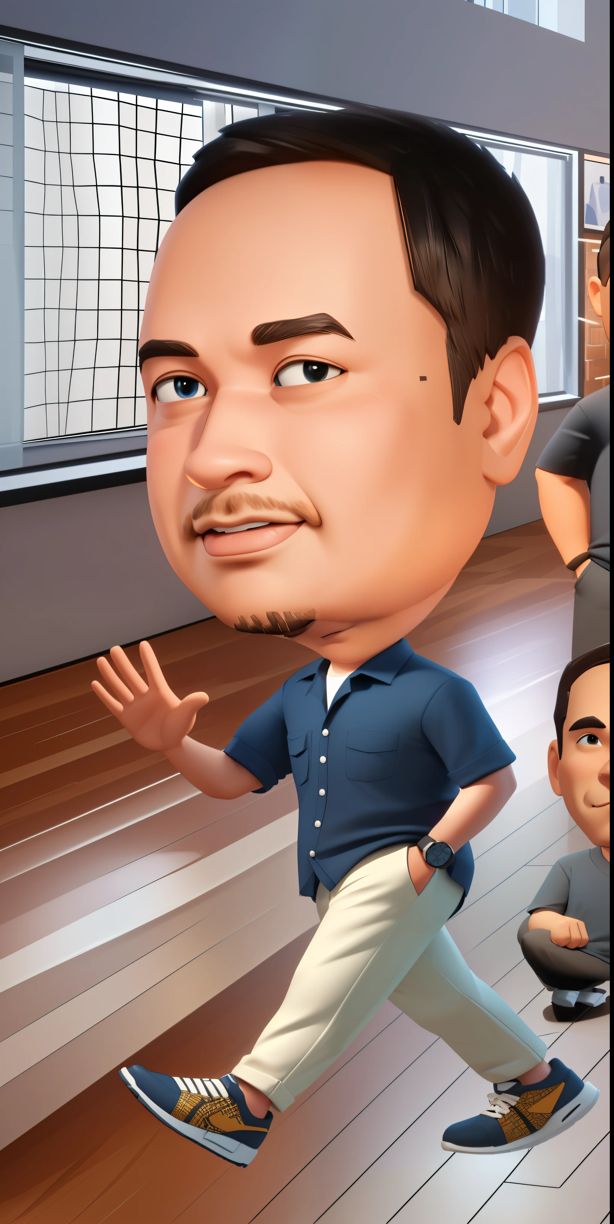 3D cartoon caricature, big head, a man is walking, wearing a dark blue shirt and bright cream pants, waving his hand, 3D render, 3D Cartoon, big head, cartoonish look, high resolution, super detail, soft lighting