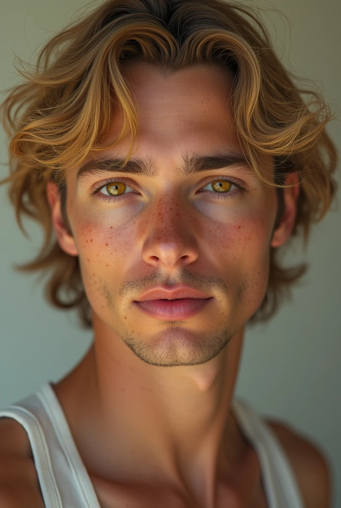 Create a hyperrealistic image of a young man with Caucasian features, freckles on his face, honey-colored eyes, and long blond hair. 