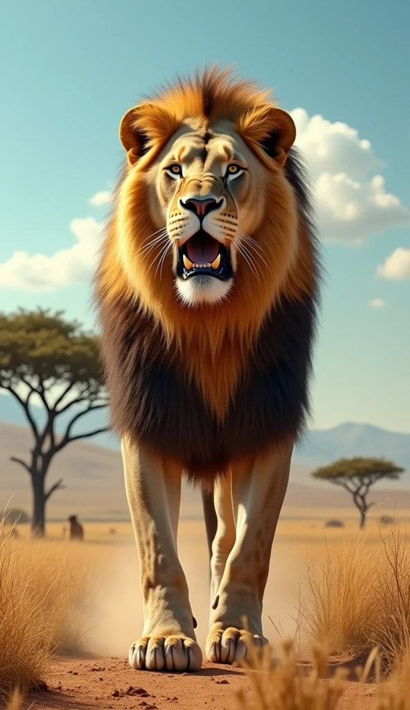 Powerful lion stands triumphantly on a dusty African savanna, with mouth open