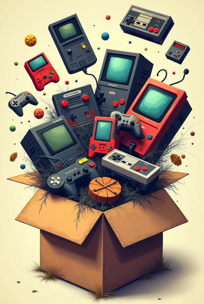 Retro video games and consoles fly out of a box