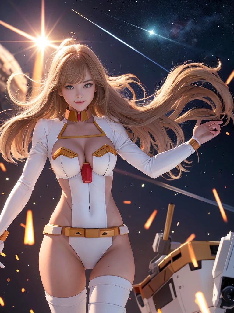 (top quality), (masterpiece), nsfw, personification of Mobile Suit Gundam F91, great highlights of the upper body, powerful mecha, beautiful girl with a beam rifle, 2, , modest nose and chin, neat smile, semi-long hair, drooping eyes, no panties, attractive ass, loincloth, moist wet and slightly thick thighs, legs open in M shape, outer space, fight scene,
