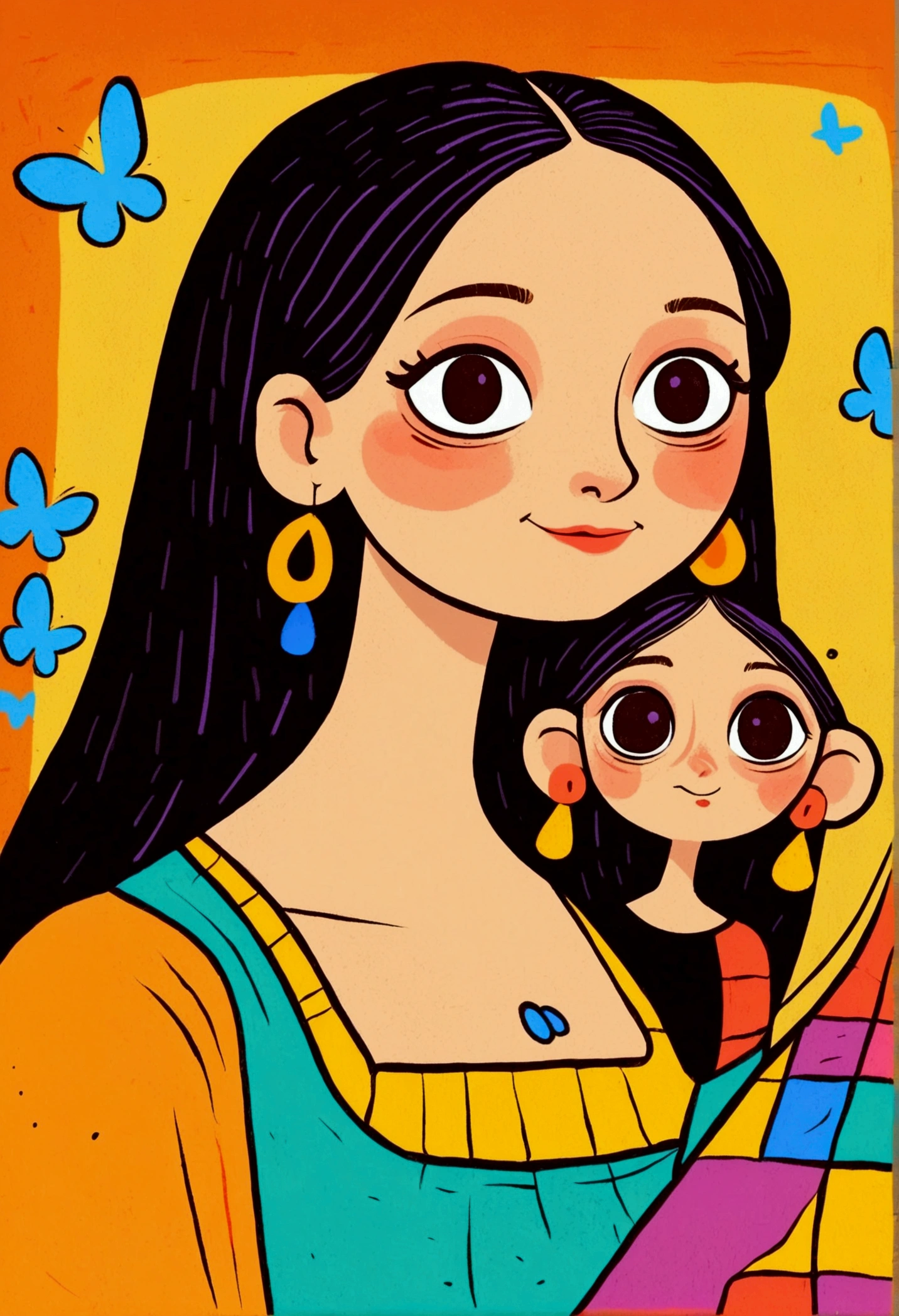 Flat Wind,Vector,Childish art cartoon,Oil pastel graffiti,Cute style,cartoon girl with big earrings,big eyes,(((Mona Lisa's Smile))),Minimalism,Lovely art style, rich and colorful! Digital illustration style, The art of math. rich and colorful comic, Hand drawn cartoon art style,Solid color background,Black Lines