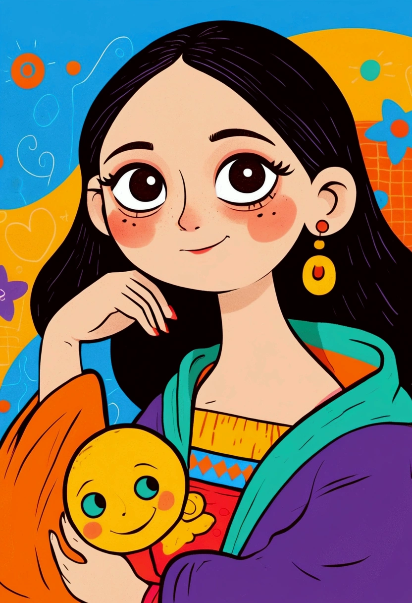 Flat Wind,Vector,Childish art cartoon,Oil pastel graffiti,Cute style,cartoon girl with big earrings,big eyes,(((Mona Lisa's Smile))),Minimalism,Lovely art style, rich and colorful! Digital illustration style, The art of math. rich and colorful comic, Hand drawn cartoon art style,Solid color background,Black Lines