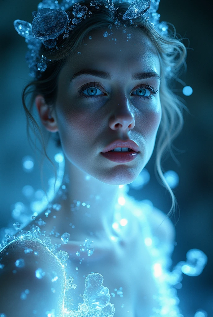 (Facing Viewer), Nude, half body, close up, glowing woman in Ice, Ice hair, ethereal light, dark background, intense light, surreal atmosphere, digital art, dramatic lighting, detailed textures, ultra-high resolution