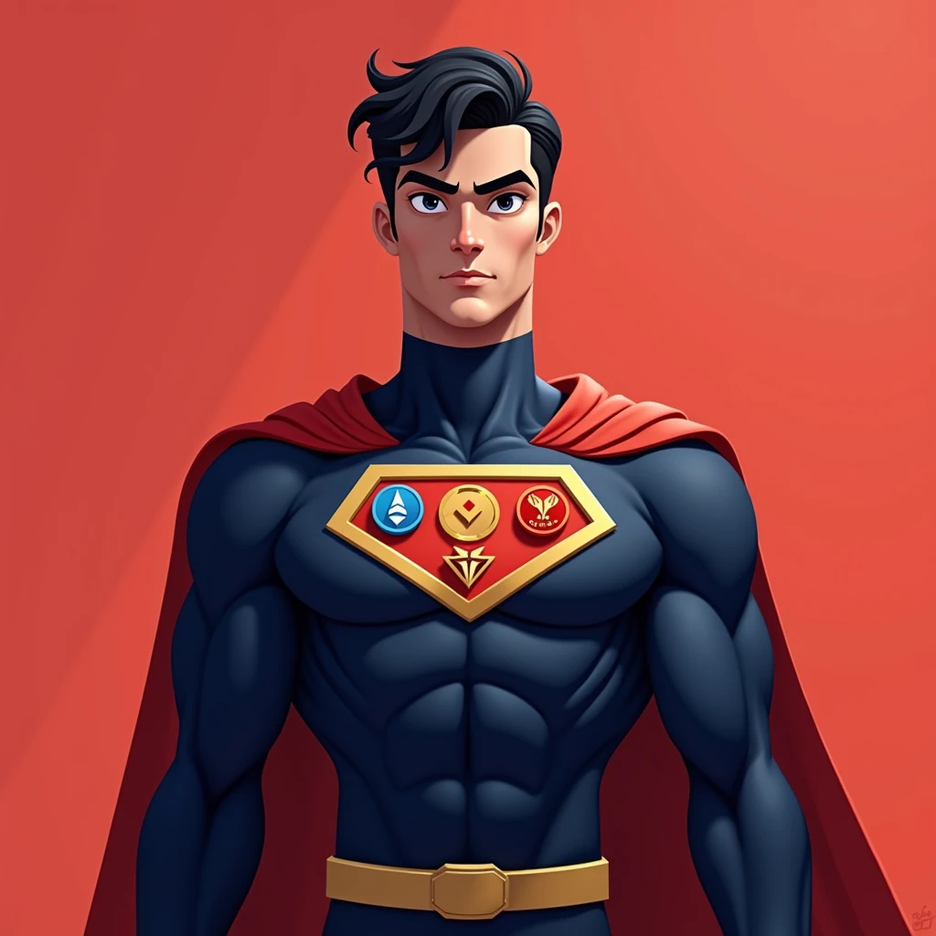 The image shows a superhero character standing confidently against a background split between blue on the left side and red on the right side, creating a strong visual contrast. The character's suit mirrors this color scheme, with the left half of the suit in blue and the right half in red. 

The character has short, wavy black hair and a determined expression, with wide eyes and a slightly furrowed brow. The suit features a triangular chest emblem, which prominently displays three cryptocurrency logos:

1. **Binance (BNB) Logo**: In yellow, located at the top left of the triangle.
2. **Tron (TRX) Logo**: In red, located at the top right of the triangle.
3. **TON (The Open Network) Logo**: In blue, located at the bottom center of the triangle.

The emblem is outlined in gold, adding a bright accent to the design. The superhero's cape follows the same split color pattern, with the left side blue and the right side red. The overall design is clean and stylized, with a strong emphasis on the dual color theme and the integration of the cryptocurrency logos on the chest emblem. Add the title 'Mazi Bot'