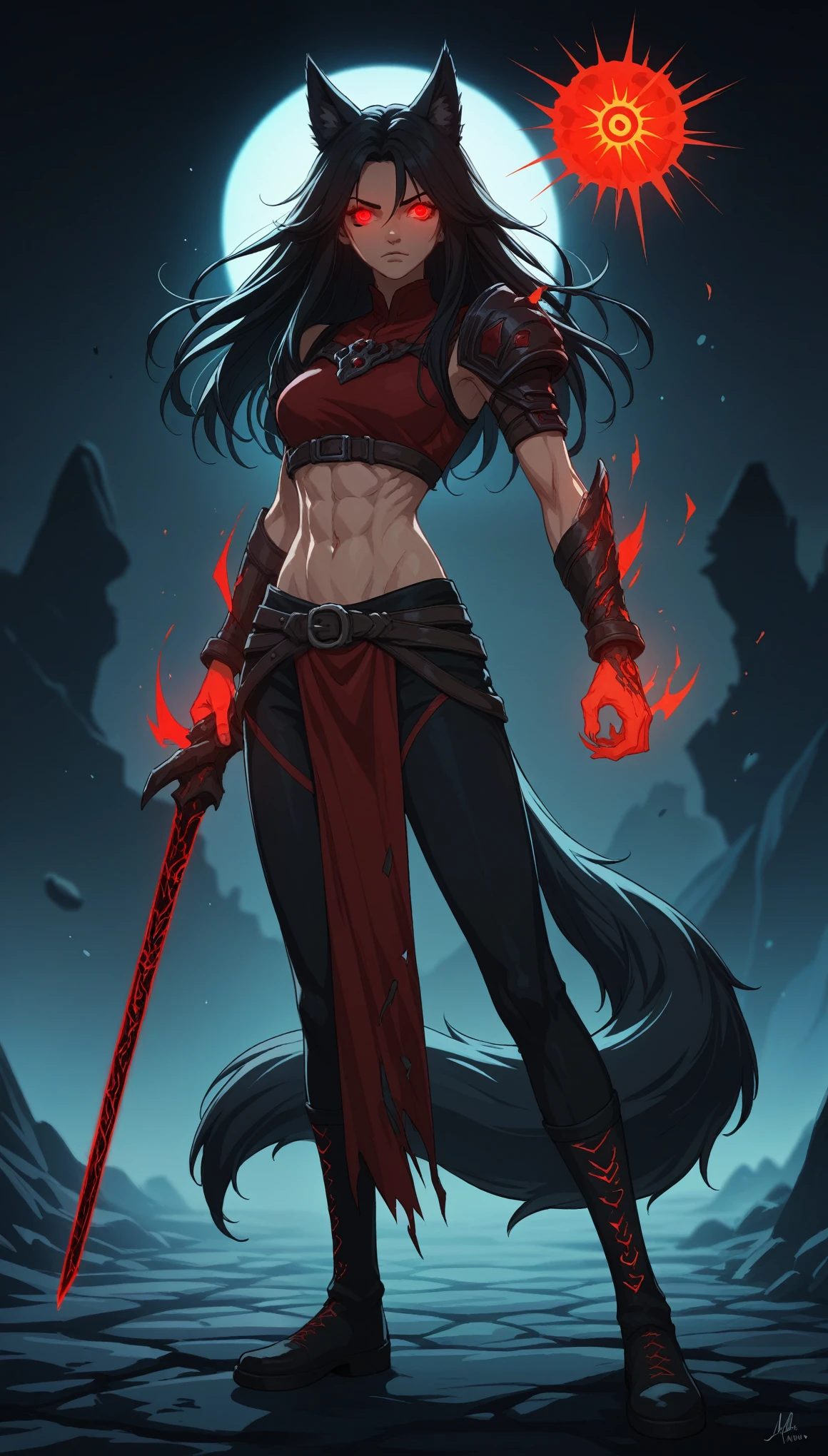 score_9, score_8_up, score_7_up, score_6_up, score_5_up, score_4_up, BREAK source_anime, rating_safe, [rating_explicit],
1girl, black hair, red eyes, wolf ears, wolf tail, HD, vibrant, masterpiece, best quality, slim, toned, dead expression, full body view, tall, glowing eyes, heroic stance