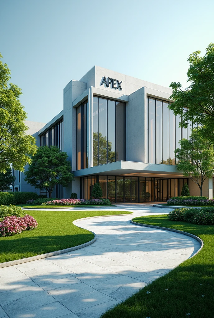 Create a building in Singapore with serene environment,with compound with grass and flowers with a very digital driveway.The building is written Apex Global Holdings Embassy and it has a flag too on the ground very near to the building.I can't see the writings and full view where is the the sentence Apex Global Holdings Embassy