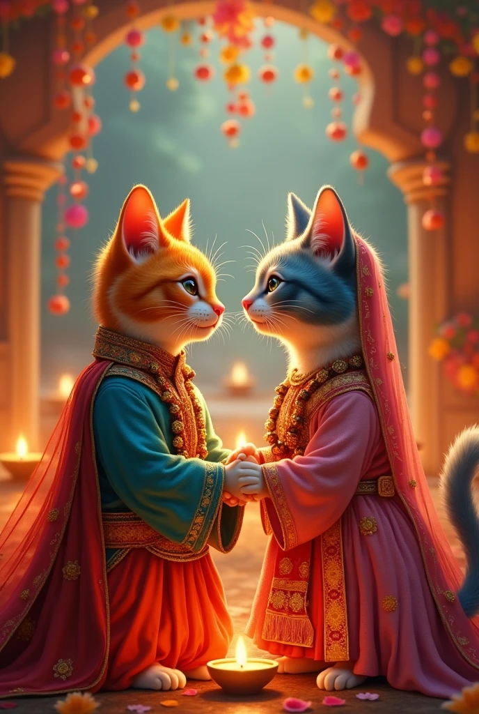 Prompt 10**: A romantic scene of male hero rainbow coloured cat and female lady beutifull rainbow coloured cat Meera looking at each other with love and contentment and wearing a traditional dress. They are dressed in their traditional attire, surrounded by the glow of oil lamps and the festive decorations of Janmashtami. 
