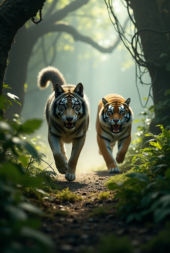 The wolf is in the forest and is being chased by a tiger