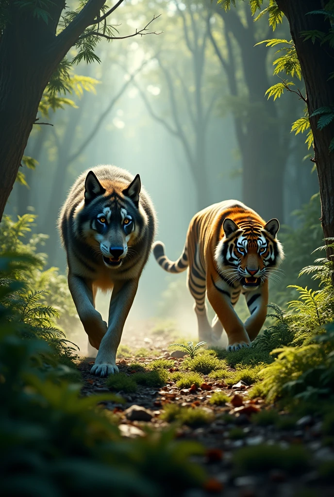 The wolf is in the forest and is being chased by a tiger