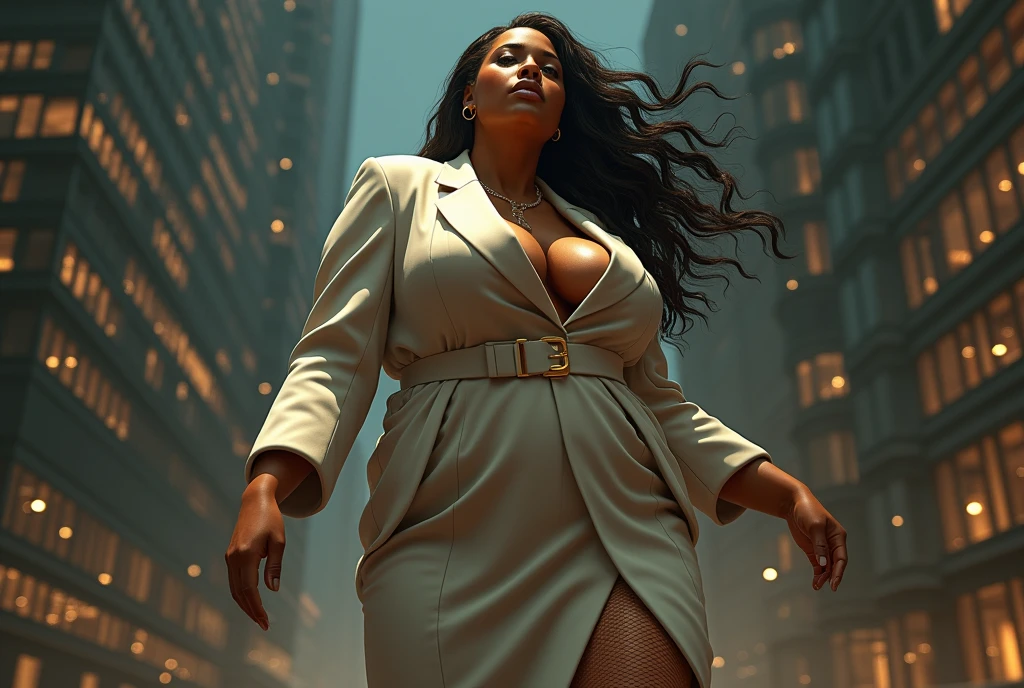 luxury business skirt suit,A fat body that looks like its clothes will burst with muscles,Create a high-resolution realist 3d image of a dark skin toned melanin elegant woman with a findom dominant and commanding persona and Prescence wearing luxurious attire, such as a tailored suits or designer dress, and posed in a confident stance. full body tall and plus size curvey body 5'9 265 lbs This mage should exude power, control, and sophistication, with a hint of mystery. the back ground is 　skyscraper