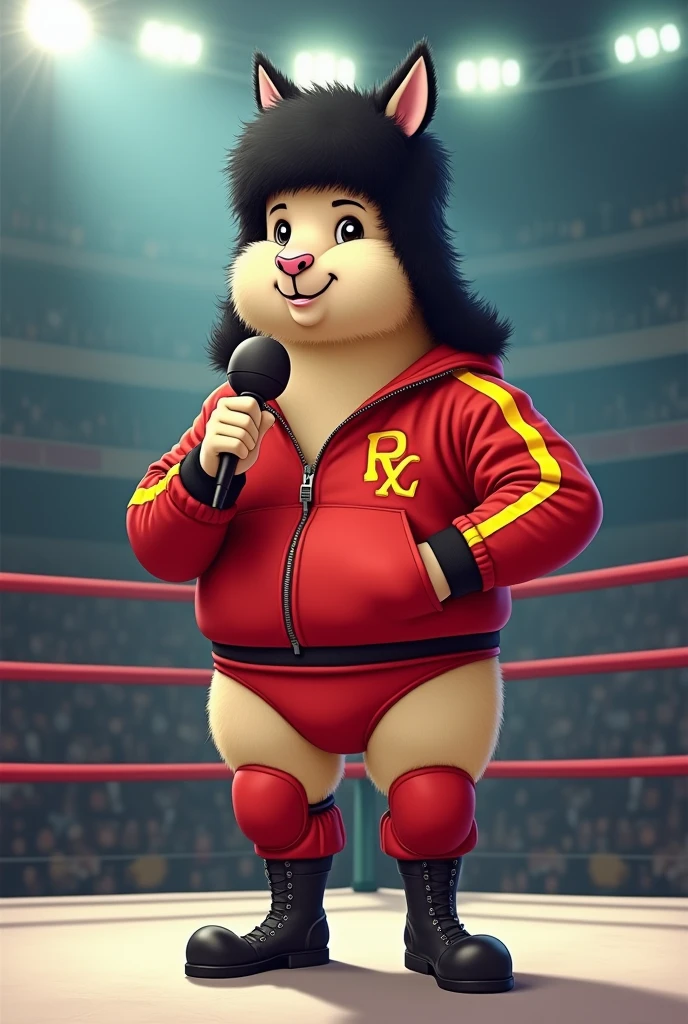 Cartoon Vicuna dressed like WWE wrestler Nikolai Volkoff.
cartoon Vicuna head. Cartoon vicuna hands. Cartoon vicuna body. Cartoon vicuna arms. Cartoon vicuna legs.
Black Furry Russian ushanka hat. Red track jacket ordained with yellow accents. Red underwear. Red kneepads. Black wrestling boots.
Standing in a wrestling ring. Singing into microphone.