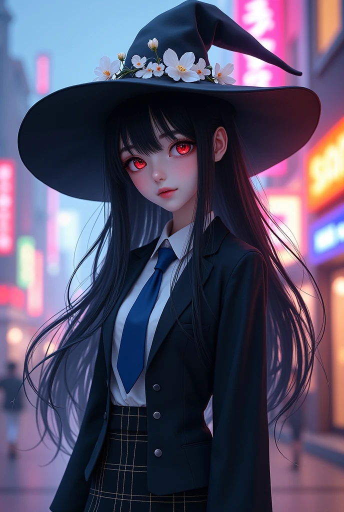 (Masterpiece),(4K),High quality,(small breasts),1 girl,long black hair,Pale skin,smile,Beautifully detailed red eyes, (Very delicate and detailed.),(Black witch hat decorated with white flowers),black blazer,Blue tie,Black plaid skirt,Magical colors and atmosphere, Fine skin,light particles,Add striking and iconic elements to your scenes., Soft and smooth to the touch, hyper detail,sit,Create a pure, dream-like atmosphere,Standing in a colorful city