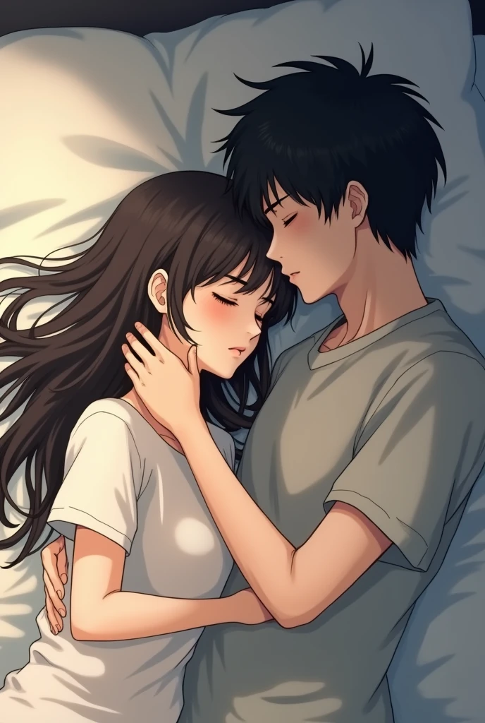 A Japanese woman and a Japanese man are sleeping side by side、The woman has her back to the man,A man is hugging from behind,In bed,The woman has long hair,The woman is wearing a T-shirt,men are20Old Japanese,men areTシャツを着ている,2人ともIn bedで横になっている,Beautiful eyes,Fine skin,The woman has her eyes down,Highest quality,men are短髪