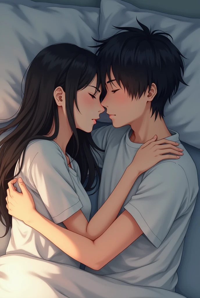 A Japanese woman and a Japanese man are sleeping side by side、The woman has her back to the man,A man is hugging from behind,In bed,The woman has long hair,The woman is wearing a T-shirt,men are２０Old Japanese,men areTシャツを着ている,２人ともIn bedで横になっている,Beautiful eyes,Fine skin,The woman has her eyes down,Highest quality,men are短髪