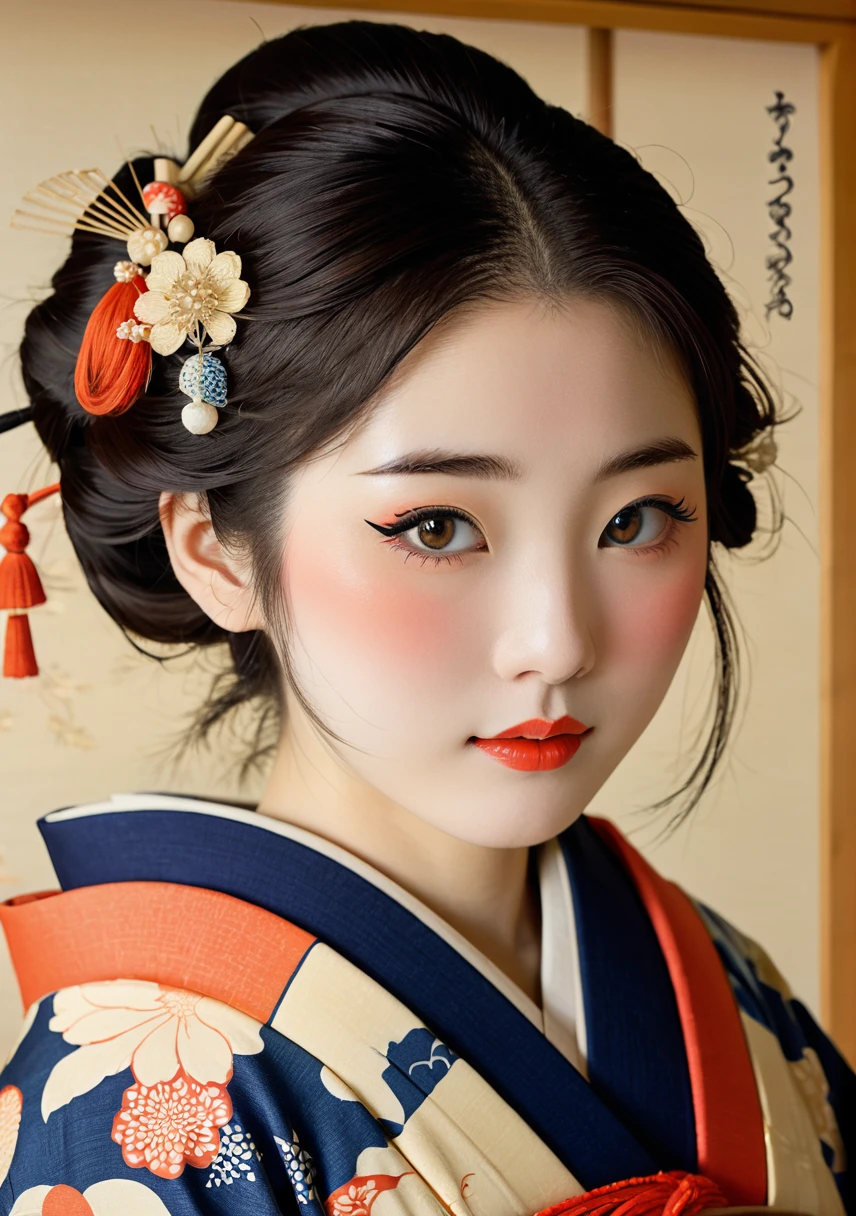 (Ukiyo-e:1.9)、woodblock print、Sharaku、Cute Japanese Town Girl、14 Talents、Intricate kimono patterns、Delicate facial features、A hairstyle symbolizing the Edo period、Kind eyes and small lips、Innocent look、West Shot、Japanese Edo Background、Natural light、High resolution、Detailed Images、Bright colors、Realistic、masterpiece