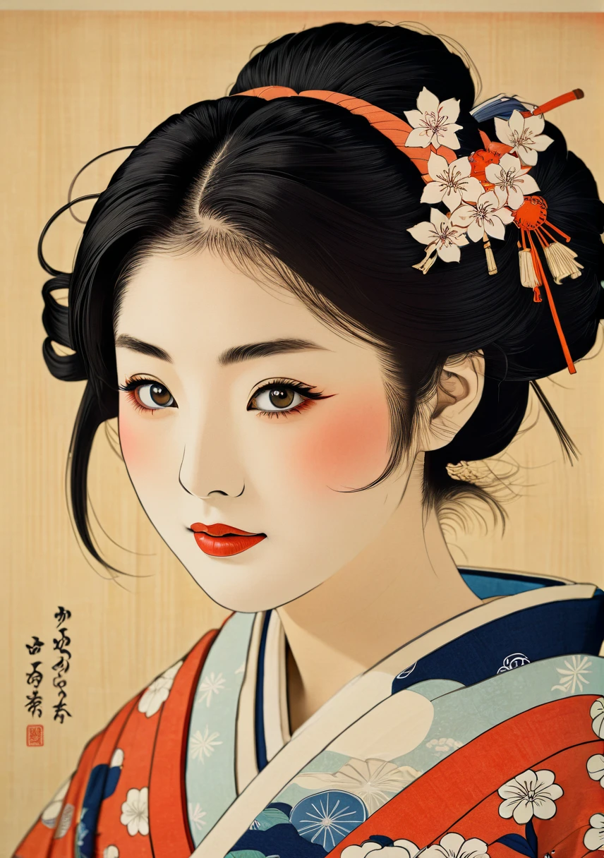 (Ukiyo-e:1.9)、woodblock print、Sharaku、Cute Japanese Town Girl、 Talents、Intricate kimono patterns、Delicate facial features、A hairstyle symbolizing the Edo period、Kind eyes and small lips、Innocent look、West Shot、Japanese Edo Background、Natural light、High resolution、Detailed Images、Bright colors、Realistic、masterpiece