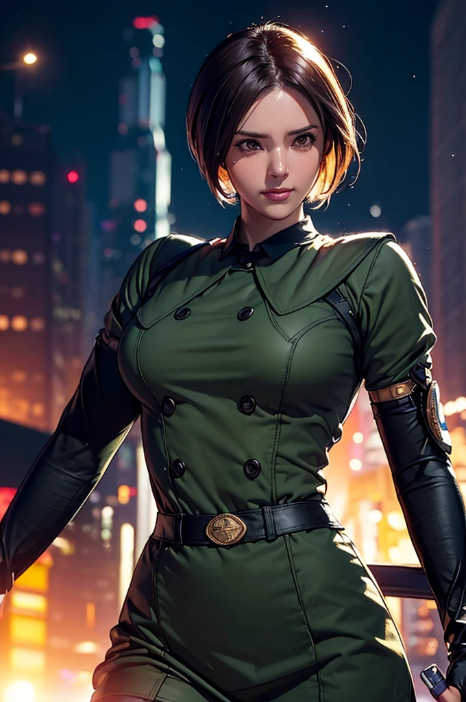 (at night), in a video game scene in the background, a beautiful city at night, raining, alone, standing looking straight ahead, military clothing with military green skirt and pants, black gloves, semi-short hair, ((semi-short hair)), 1 girl, 30 years old, young woman, perfect hands, Beautiful fingers, Beautiful long legs, Beautiful body, Beautiful nose, Beautiful character design, perfect face, looking straight at the viewer with a serious gesture, very upset looking at the viewer, she has a black whip in her hand (focusing on her face), closed mouth, smile_light, official art, extremely detailed CG unity 8k wallpaper, perfect lighting, bright and colorful front lighting, skin glossy (masterpiece: 1.0), (best_quality: 1.0), ultra high resolution, 4k, ultra detailed photography, 8K, hdr, high resolution, nonsense:1.2, Kodak portrait 400, film grain, blurred background, bokeh:1.2 , Lens flare, (vibrant_color:1.2), professional photography, (Beautiful, breasts: 1.4), (Beautiful_face: 1.5), (narrow waist),
