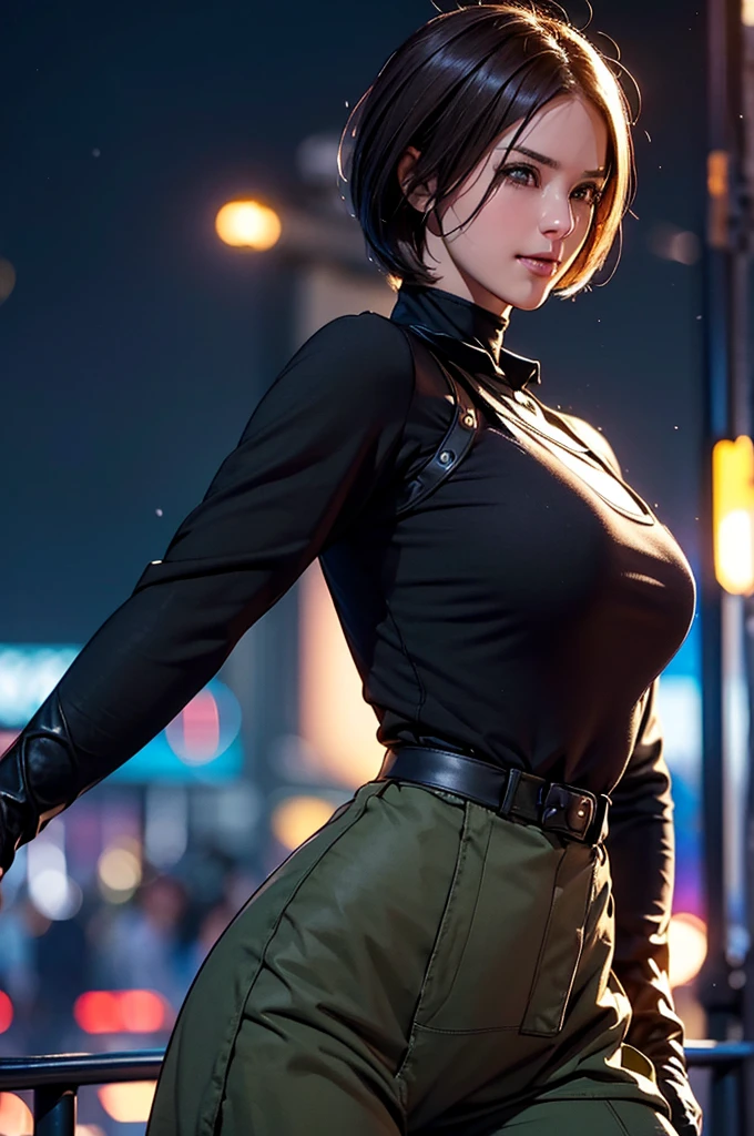 (at night), in a video game scene in the background, a beautiful city at night, raining, alone, standing looking straight ahead, military clothing with military green skirt and pants, black gloves, semi-short hair, ((semi-short hair)), 1 girl, 30 years old, young woman, perfect hands, Beautiful fingers, Beautiful long legs, Beautiful body, Beautiful nose, Beautiful character design, perfect face, looking straight at the viewer with a serious gesture, very upset looking at the viewer, she has a black whip in her hand (focusing on her face), closed mouth, smile_light, official art, extremely detailed CG unity 8k wallpaper, perfect lighting, bright and colorful front lighting, skin glossy (masterpiece: 1.0), (best_quality: 1.0), ultra high resolution, 4k, ultra detailed photography, 8K, hdr, high resolution, nonsense:1.2, Kodak portrait 400, film grain, blurred background, bokeh:1.2 , Lens flare, (vibrant_color:1.2), professional photography, (Beautiful, breasts: 1.4), (Beautiful_face: 1.5), (narrow waist),