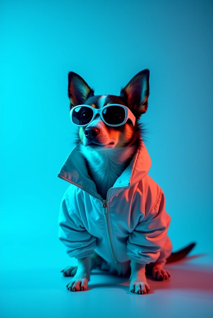 The best cell phone wallpaper, Award-Winning Wallpaper, portrait photography, In the front view is a portrait of a cute dog wearing mid-1960s space age fashion, Side view photo, Shot with Canon EOS R5, Set a strong contrast that accentuates the subject, Fluorescent blue tone, Wearing a very modern coat and sunglasses is a modern 1960s style, Clothes all in one color, beautiful background