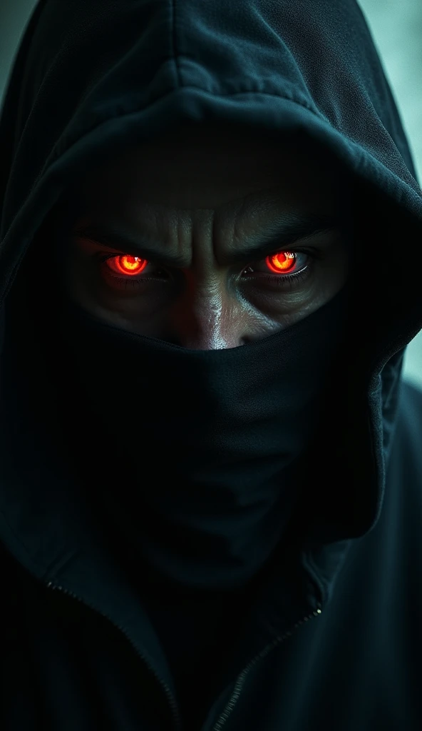 A close-up of the highwayman’s glowing eyes, piercing through the darkness, filled with malevolent intent.