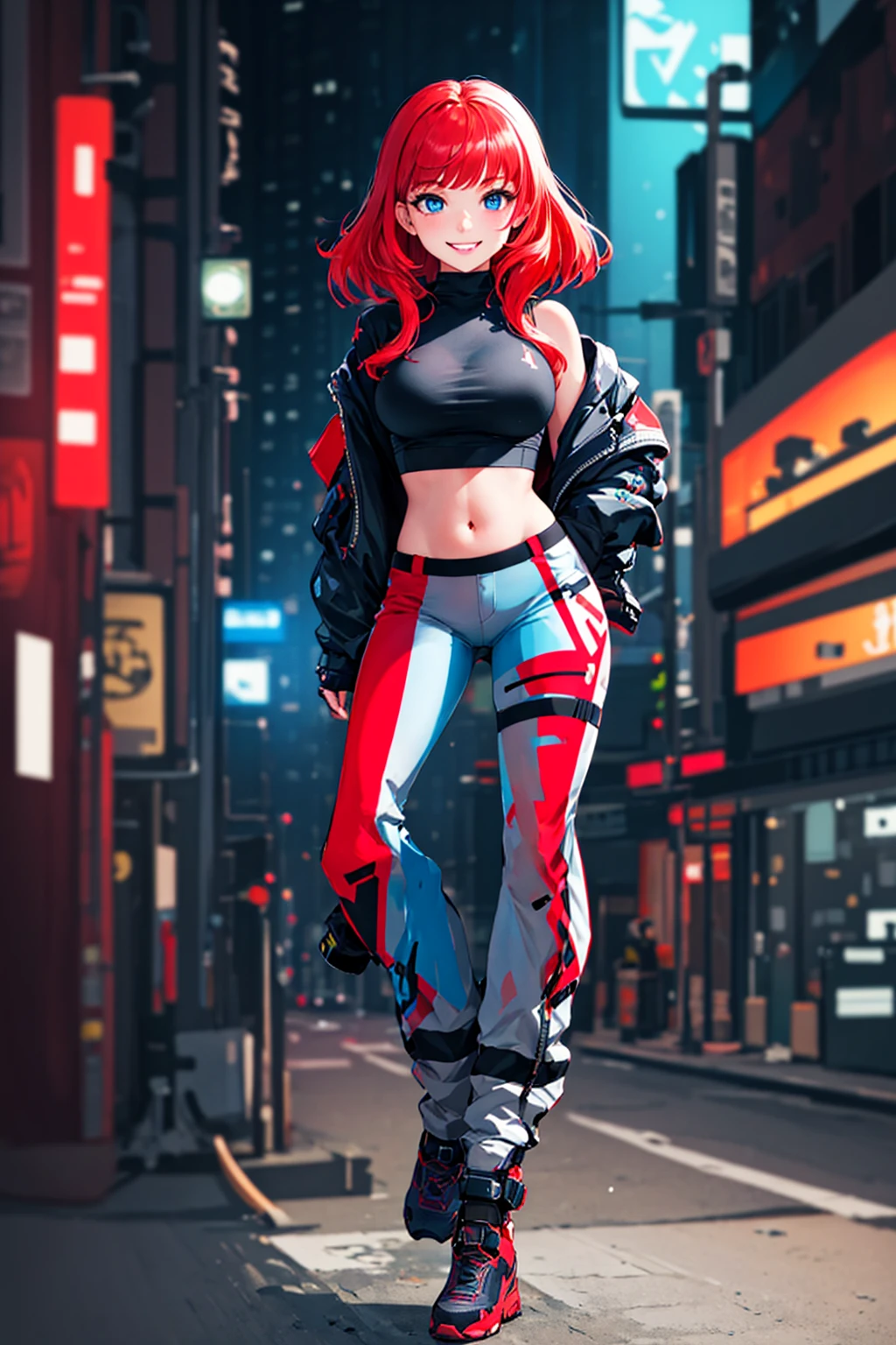 high quality, subsurface scattering, chromatic lighting,
colorized, red + white limited color palette, 
detailed concept drawing,
Street girl, cyberpunk, futuristic, full body, no weird things or color on her face,
portrait, 20yo 1girl, medium soft breasts, slender, crop top, jacket, combat pants, long red hair, blue eyes, posing