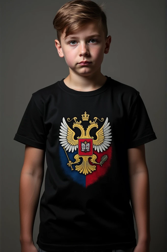 Make me a 1 boy black shirt with the flag of Russia and its colors with shield on the chest