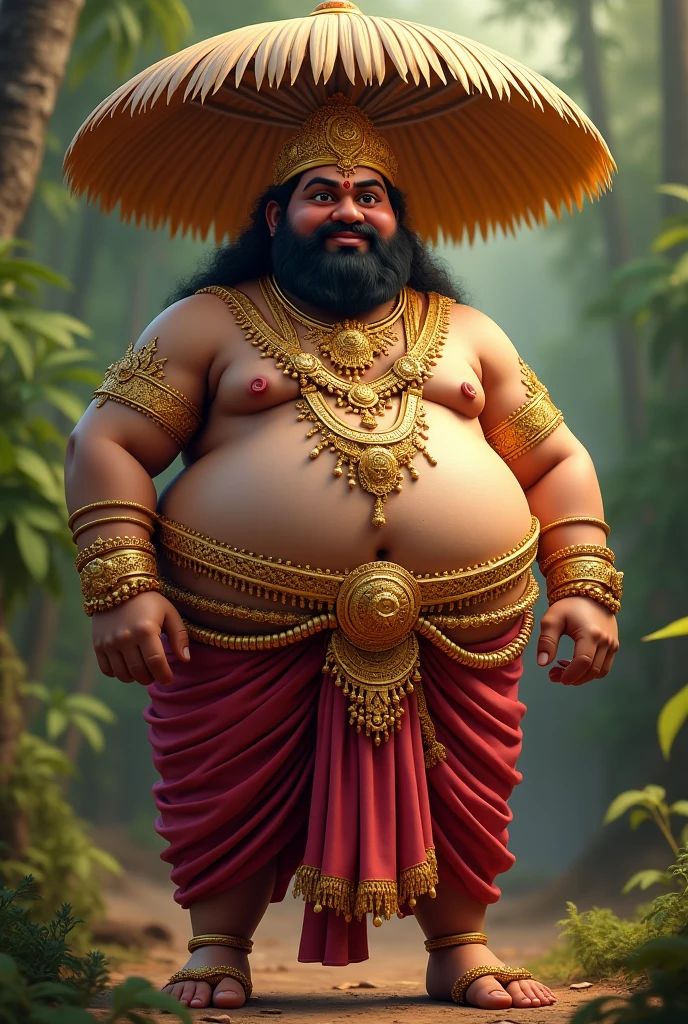 Kerala background with Maveli big stomach with plam umbrella with dhoti kerala style full of gold ornaments remove beard