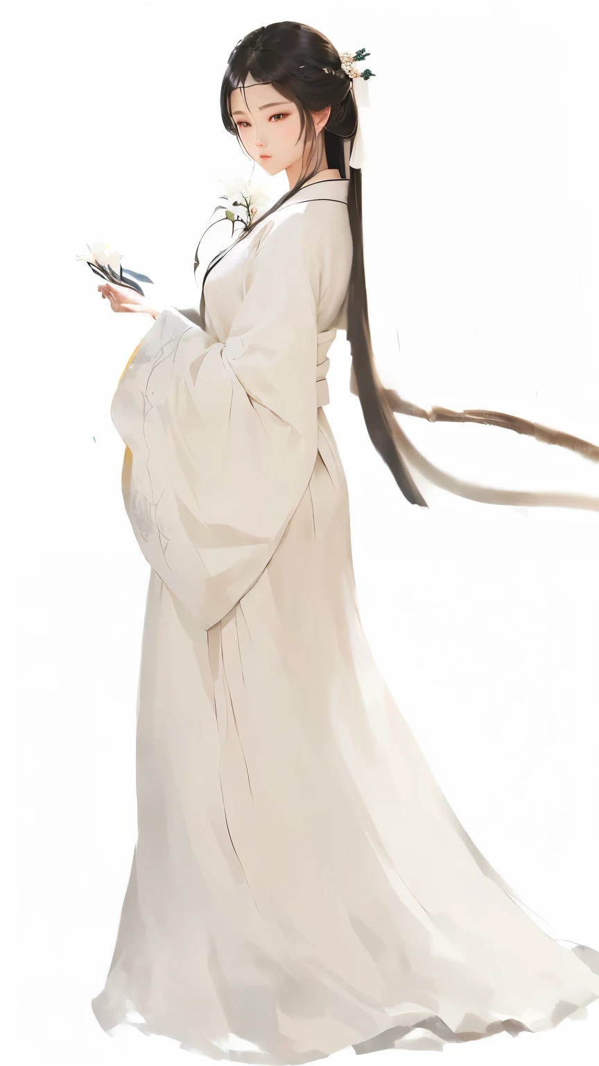 Wearing a white dress、Arav woman holding flowers, Long flowing hair and robes, flowing white robe, White Hanfu, palace , Girl wearing Hanfu, flowing white robe, wearing Flowing robe, Flowing robe, Produced in collaboration with Anime Painter Studio, Inspired by Zhao Yuan, Inspired by Lv Ji, Wearing a robe, heise jinyao
