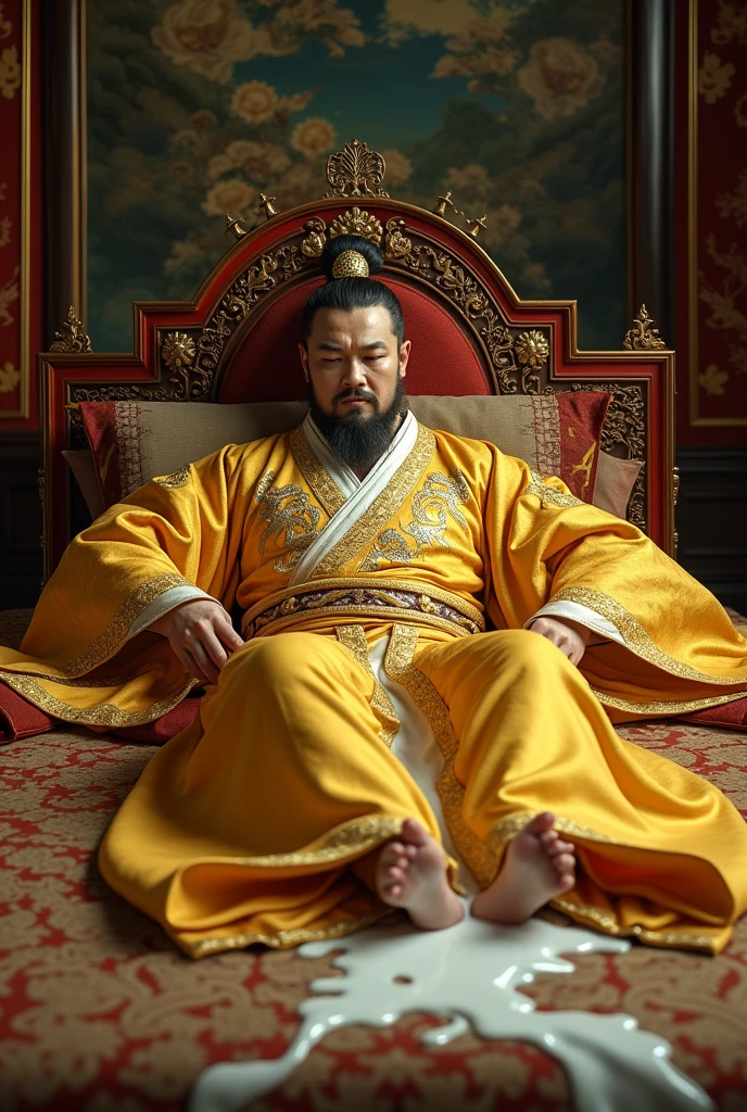 creating an image of a emperor, lying in bed, with his golden dragon robe, super painfully covering his lower body because is wet by white fluid. Chinese style