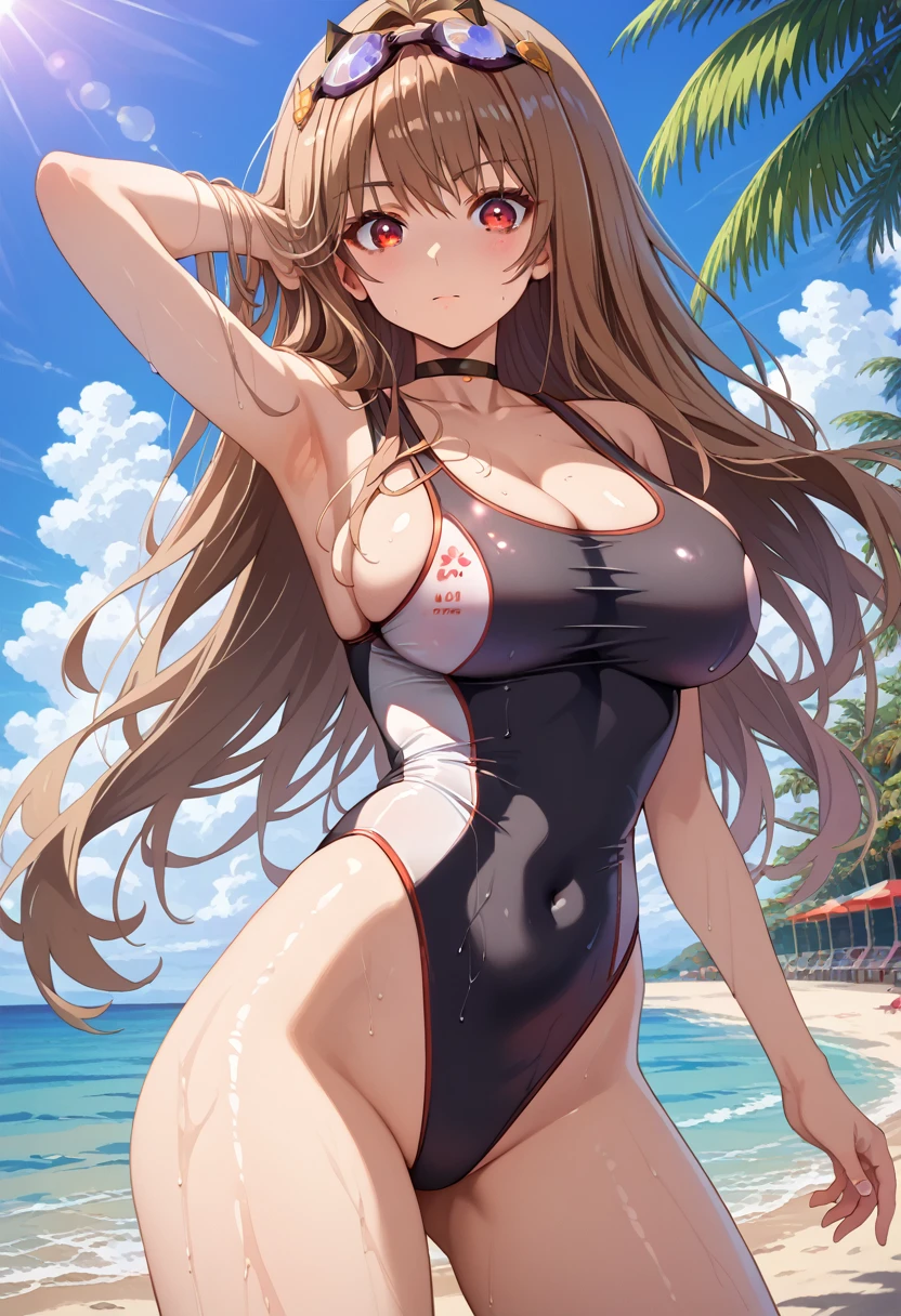 rapi_\(classic_vacation\)_\(nikke\), rapi_\(nikke\), 1girl, highres, long_hair, large_breasts, competition_swimsuit, black_one-piece_swimsuit, covered_navel, brown_hair, goggles_on_head, two-tone_swimsuit, black_choker, red_eyes, absurdres, highleg_one-piece_swimsuit, official_alternate_costume,score_9, score_8_up,score_7_up, masterpiece, best quality, perfect anatomy, very aesthetic, 8k