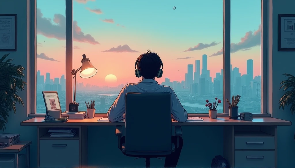 Portrait、512、Lo-Fi、Sitting in a chair with headphones on、Take a nap at your desk、close your eyes、city view outside the window、evening、pastel colour、Painting、Director Shinkai、Fantasy