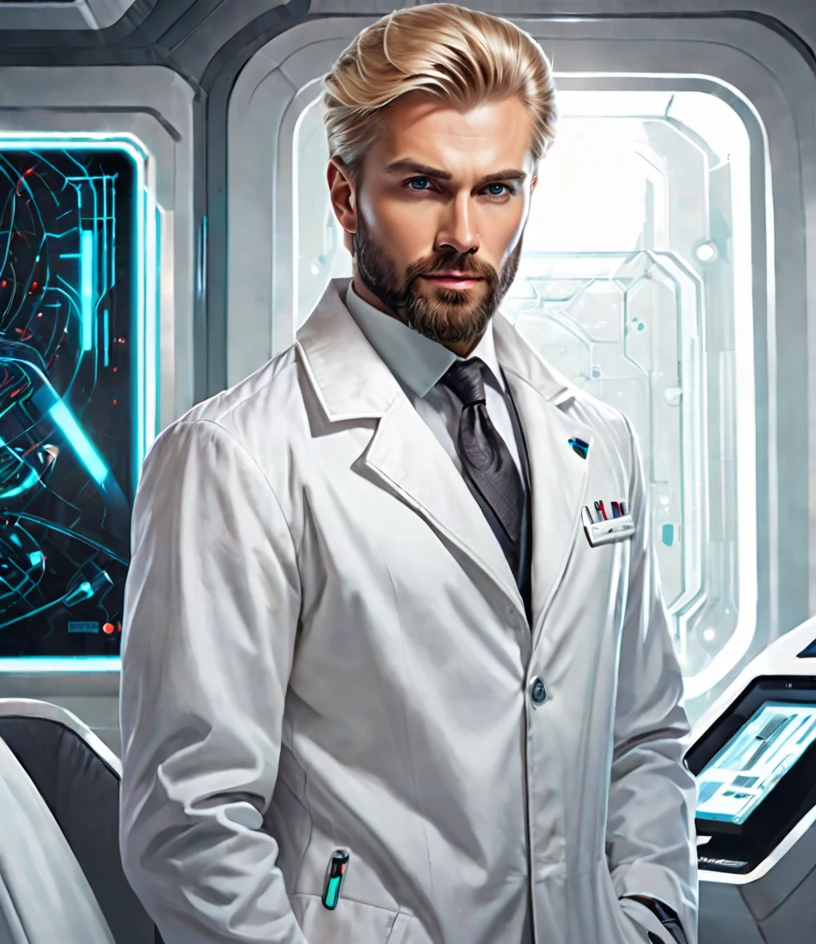 Illustration-style portrait of a handsome man, rectangular face, Straight blonde hair combed to one side, well-groomed blond beard, Brown Eyed. Penetrating and challenging look. white coat dress, He is a cardiologist in a futuristic science fiction world