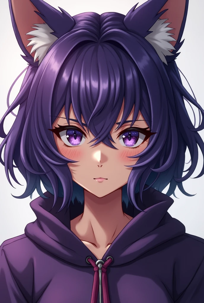 Close-up photo, Confident young purple haired,Fox Ears,long hair、Wavy Hair、Serious purple eyes, whole body, Guts pose.Purple outfit. Facial scars