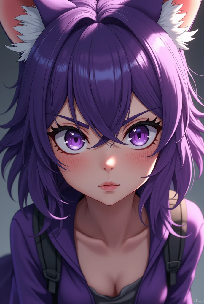 Close-up photo, Confident young purple haired,Fox Ears,long hair、Wavy Hair、Serious purple eyes, whole body, Guts pose.Purple outfit. Facial scars