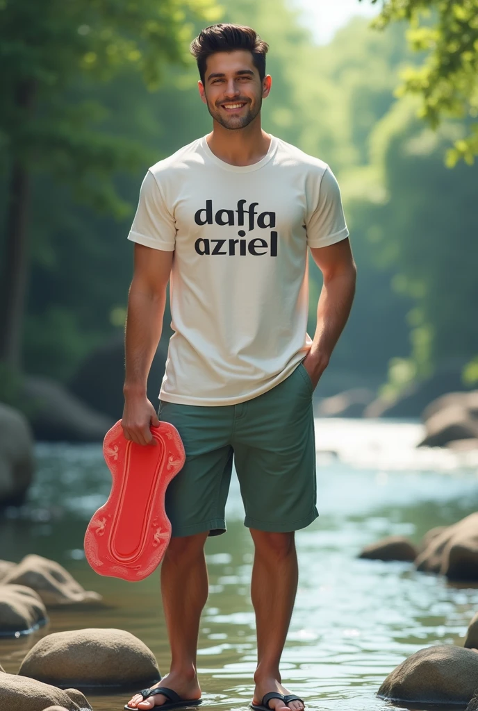 A handsome man wearing a white t-shirt with the words "Daffa Azriel", wearing shorts, wearing flip flops, black hair, standing on the rocks of the river, the man's hand is holding a women's sanitary napkin, in the middle there is a red color, the man smiled sweetly, facing the camera