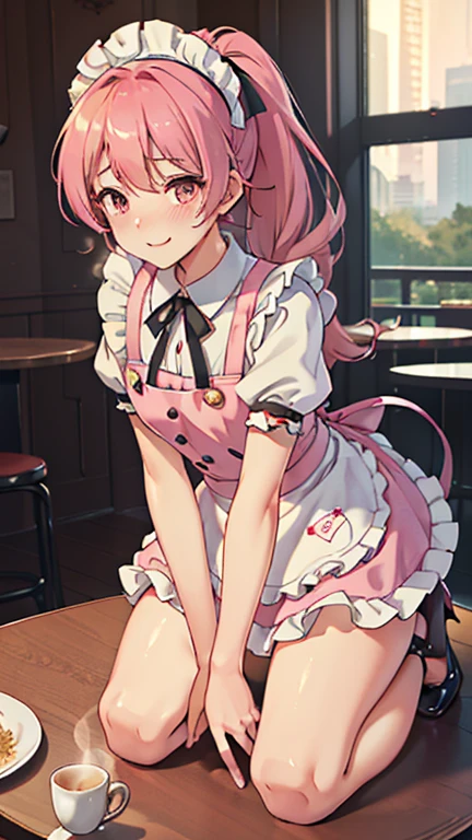 (from the front), Fisheye Lens, Beautiful 2, Curvy, Flat Chest, Small breasts，Underbust, (Kneeling on the round table), (On the table:1.5), (Leg spread), (Barley tea between the legs:1.3),Steam rises from barley tea， (Classic puffy short sleeve ruffled blouse), (Pink mini skirt), (Pink Maid Apron), (Button-down shirt), (Neck Ribbon Button Gap)+ Thighs, High heels, (View your viewers:1.5), (Embarrassing:1.3), (Smile), (vapor:1.3), (Girl trembling with sexual climax:1.3), Mid-length hair, Pink Hair, High Ponytail, Wavy Hair, Glowing Skin, (coffee shop), window, morning, (crowd:1.3), (masterpiece, Highest quality, High resolution:1.3), Perfect Anatomy