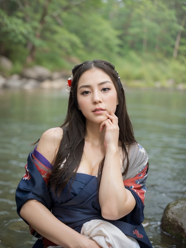 8k, high res, HQ, UHD, (photorealistic:1.4), masterpiece, hyper-realistic detailed photography of beautiful (young geisha:1.4), 2,(undressed:1.3), (soaking:1.3, hug up her breast), (in the river, waterfall, forest), slim fit body with irezumi tattoo, facing forward, huge droopy breast, sexypose, detailed body feature, proportional perfect body, sexy posture, detailed perfect hand, clear bright skin, lustly look, seductive smile, symmetricaly face, perfect face feature, detailed flawless face, perfect face with soft skinice face, Intricate detailed grey blue eyes, detailed perfect lips, a bit opened mouth, detailed japanese buns hair, traditional hair accesories, perfect composition, dynamic lighting, graceful atmosphere, blue red tones, low angle shot, seen from below, focus on face, exposed bare body, volumetric lighting, photon mapping