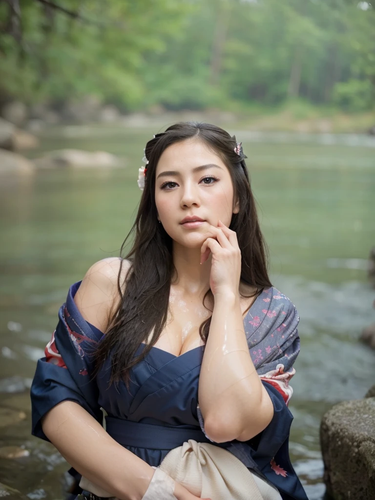 8k, high res, HQ, UHD, (photorealistic:1.4), masterpiece, hyper-realistic detailed photography of beautiful (young geisha:1.4), 2,(undressed:1.3), (soaking:1.3, hug up her breast), (in the river, waterfall, forest), slim fit body with irezumi tattoo, facing forward, huge droopy breast, sexypose, detailed body feature, proportional perfect body, sexy posture, detailed perfect hand, clear bright skin, lustly look, seductive smile, symmetricaly face, perfect face feature, detailed flawless face, perfect face with soft skinice face, Intricate detailed grey blue eyes, detailed perfect lips, a bit opened mouth, detailed japanese buns hair, traditional hair accesories, perfect composition, dynamic lighting, graceful atmosphere, blue red tones, low angle shot, seen from below, focus on face, exposed bare body, volumetric lighting, photon mapping