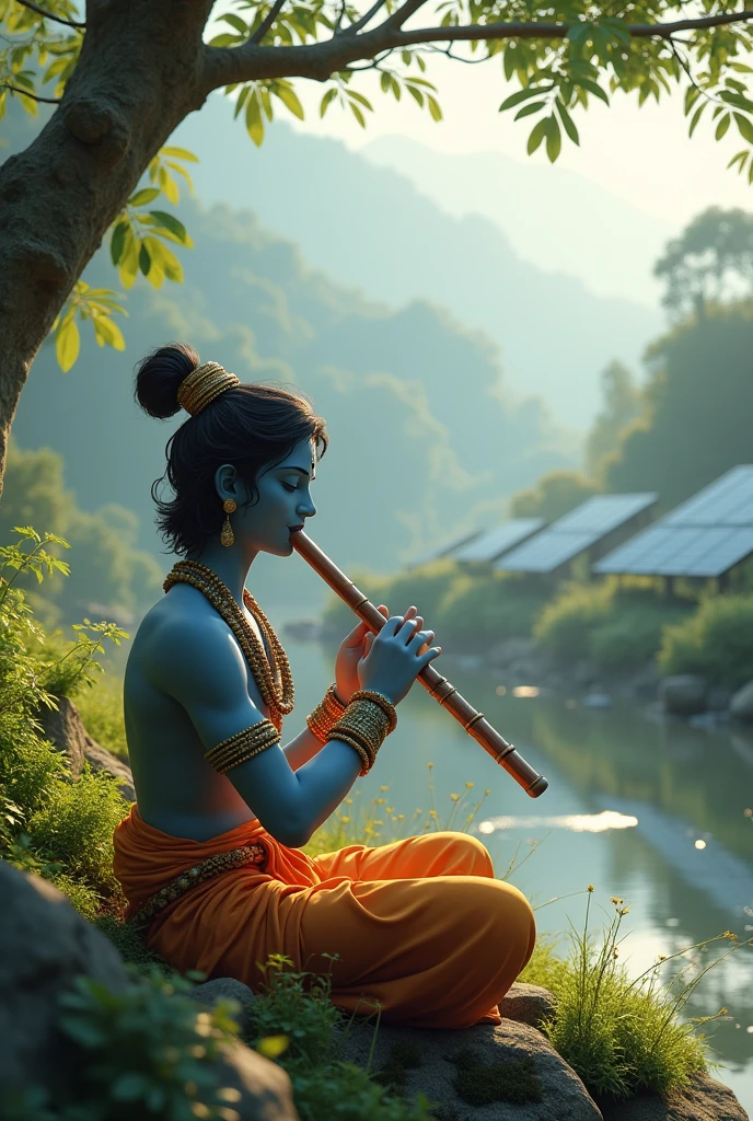 Lord Krishna Sitting playing Bansuri in nature Background solar panels