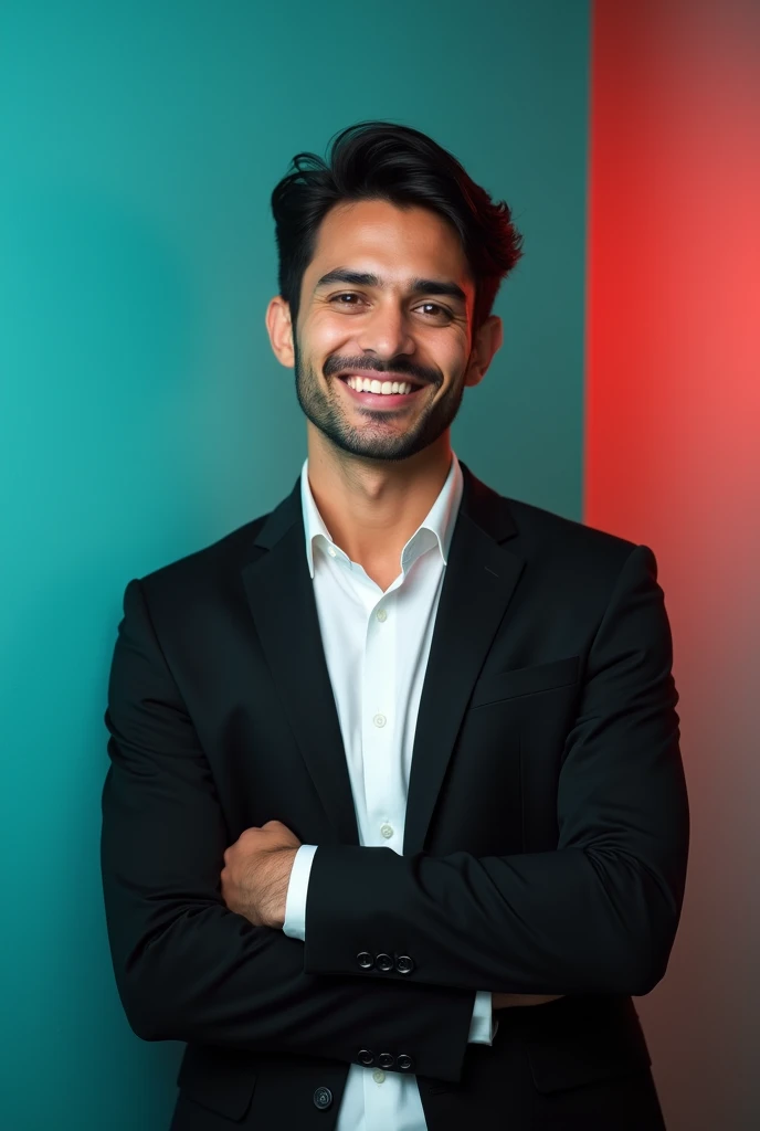 A young man with dark hair and a confident smile Anemi character . He is dressed in a black blazer over a white shirt. The man is positioned against aqua colour backdrop with a subtle red lighting on the left side. and he posing for Linkedin profile